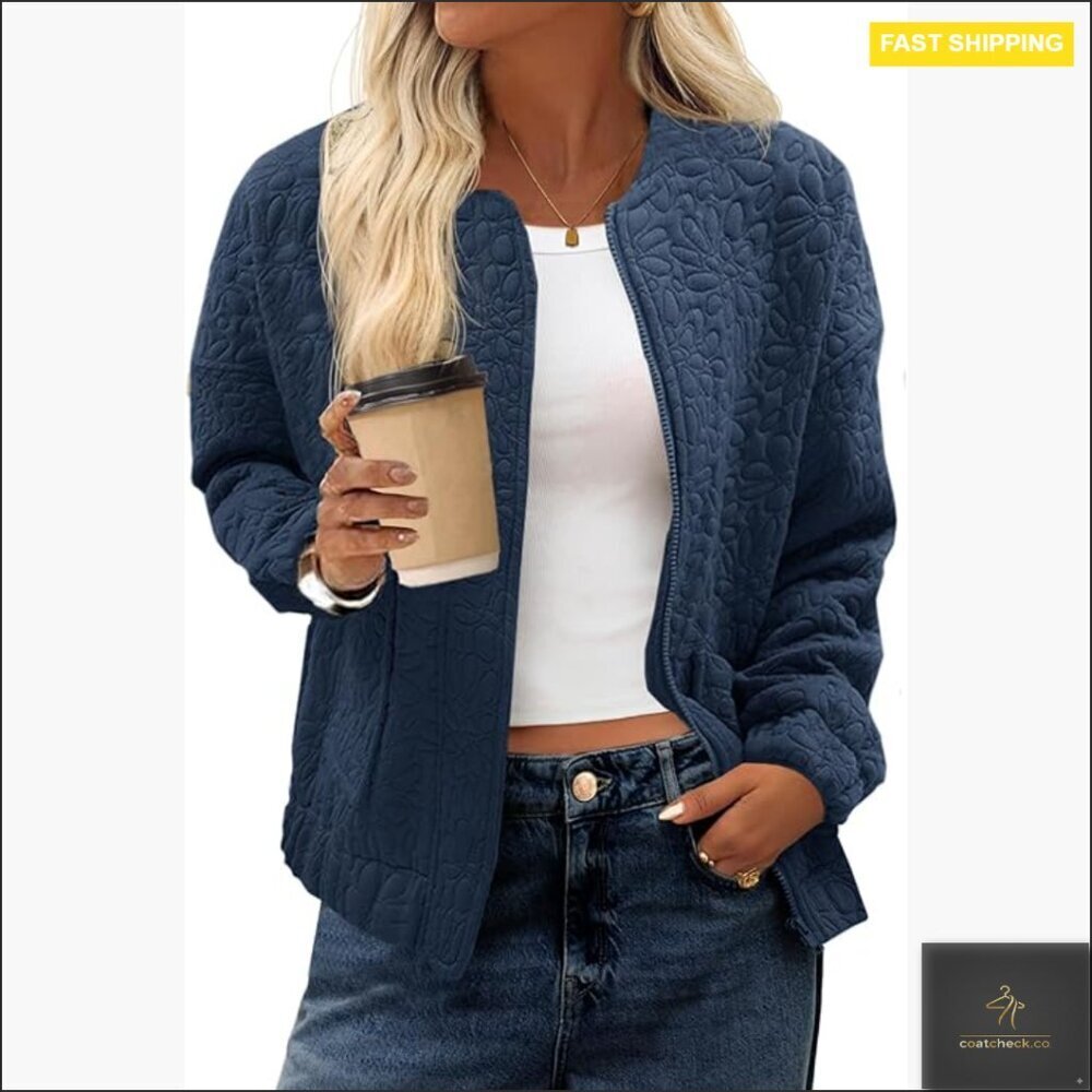 Lightweight Jacquard Bomber Jacket Zip Up Varsity Style Fall Casual
